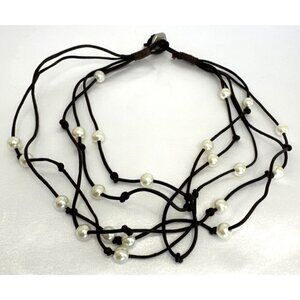 Boho Leather & Faux Pearl Multi-Strand Necklace